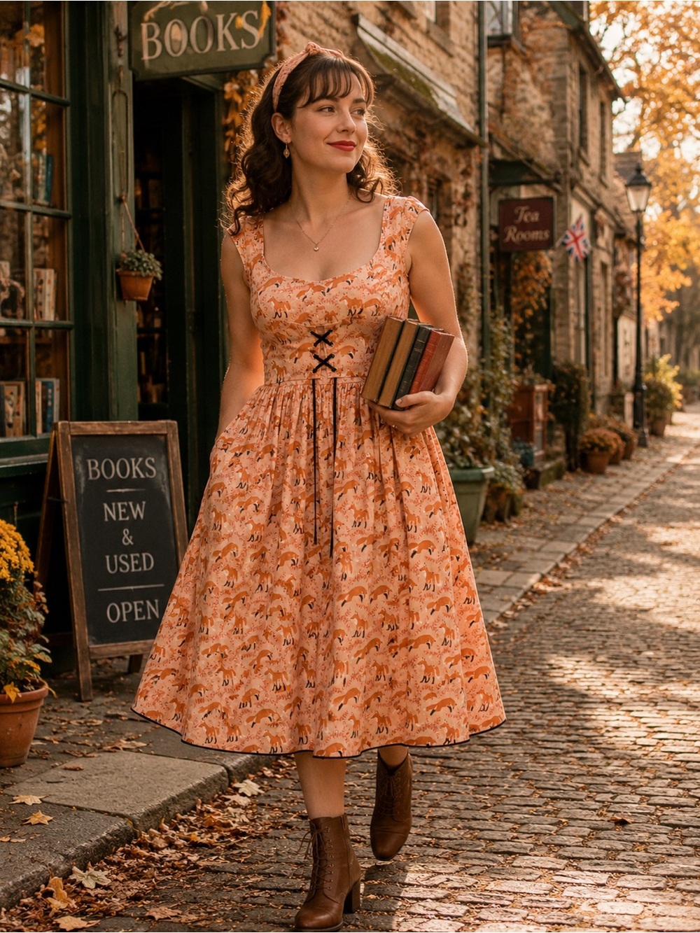 Bernie Dexter Fox Print Cotton Corset Dress Woodland Cottagecore Small